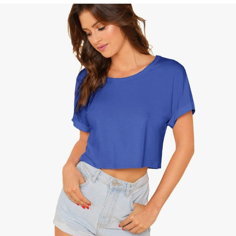 Casual Round Neck Short Sleeve Solid Basic Crop Top T-shirt - XL